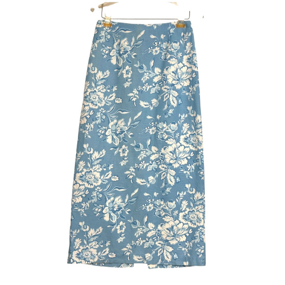 VTG Pencil Maxi Skirt 6 Blue Floral Linen Preppy Grandmillennial Coastal Chic - Picture 9 of 11
